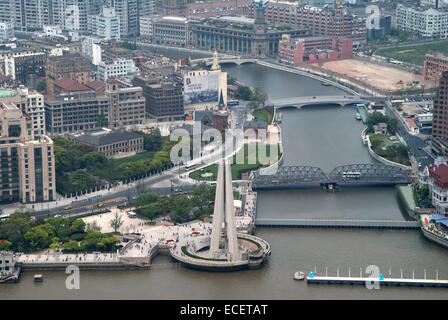 Shanghai: Blick auf den Fluss und drei Brücken Antenne konzentriert. Stockfoto