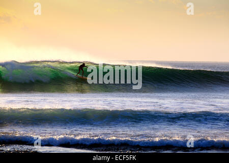 Surfen eine Welle bei Sonnenuntergang am Nembrala auf Rote Insel, Indonesien Stockfoto