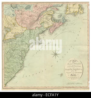 Diese Karte von Lambert aus dem Jahr 1816 zeigt die britischen Siedlungen und die Vereinigten Staaten von Nordamerika, wobei politische Grenzen und territoriale Abgrenzungen während des frühen 19. Jahrhunderts hervorgehoben werden. Stockfoto