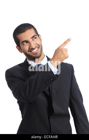 Arabische Promotor Geschäftsmann zeigte auf Seite isoliert auf weißem Hintergrund Stockfoto