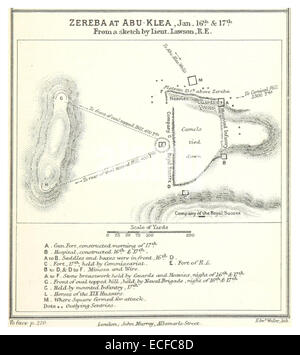 Diese Karte von *MacDonald (1887)* zeigt Zereba in Abu-Klea, ein Ort, der für seine militärische Bedeutung während des Mahdistenkriegs bekannt ist. Die Skizze zeigt die Geographie des Gebiets, in dem britische Truppen mit Mahdisten-Rebellen zusammenstießen. Stockfoto