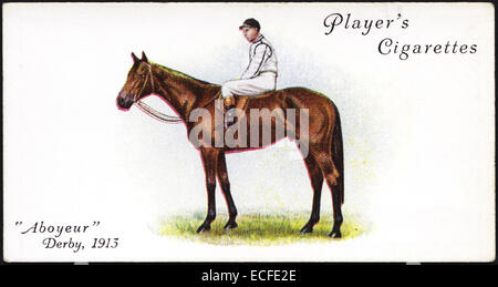 Zigarette Karte des Spielers Zigaretten mit ABOYEUR Gewinner des The Derby im Jahre 1913 mit jockey Edwin Piper herausgegeben von John Player & Söhnen im Jahre 1933 Stockfoto