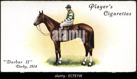 Zigarette Karte des Spielers Zigaretten mit DURBAR II Sieger des The Derby im Jahr 1914 mit Jockey Matt MacGee herausgegeben von John Player & Söhnen im Jahre 1933 Stockfoto