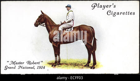 Zigarette Karte des Spielers Zigaretten mit MASTER ROBERT Sieger von The GRAND NATIONAL in 1924 mit Jockey Bob Trudgill herausgegeben von John Player & Söhnen im Jahre 1933 Stockfoto