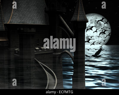 Dunkle geheimnisvolle Burg am Meer Hintergrund mit Mond und schwarze Vögel Stockfoto