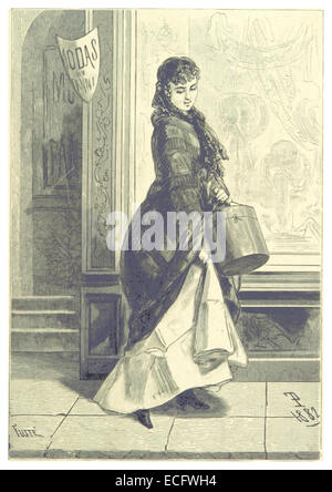 Diese 1886 entstandene Illustration aus Sáez Werk zeigt *La Modista*, die eine Szene oder einen Charakter darstellt, die mit Mode oder kultureller Identität im späten 19. Jahrhundert in Verbindung steht. Stockfoto