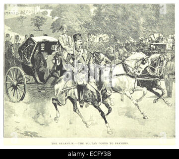 Eine Illustration von Spry aus dem Jahr 1895, die den Sultan auf seinem Weg zu Gebeten darstellt und einen bedeutenden Moment in osmanischen religiösen und kulturellen Praktiken während des späten 19. Jahrhunderts zeigt. Stockfoto