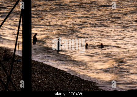 Brighton, UK. 14. Dezember 2014. Schwimmer in der Morgendämmerung an einem frostigen Dezembermorgen von Brighton Pier. Bildnachweis: Julia Claxton/Alamy Live-Nachrichten Stockfoto