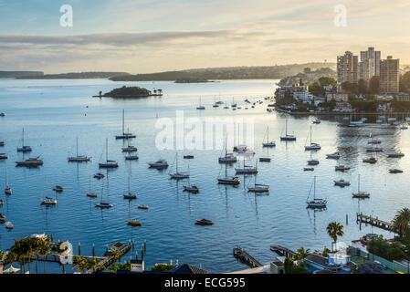 Boote, Yachten und Katamarane bob und zerren an ihren Liegeplätzen bei Sonnenaufgang, Hafen von Sydney - Australien Stockfoto