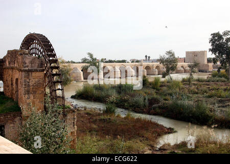 Römische Mühlrad und Brücke über den Rio Guadalquivir in Córdoba. Stockfoto