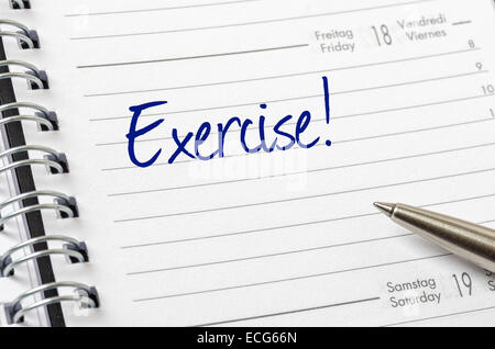 Übung auf einem Kalenderblatt geschrieben Stockfoto