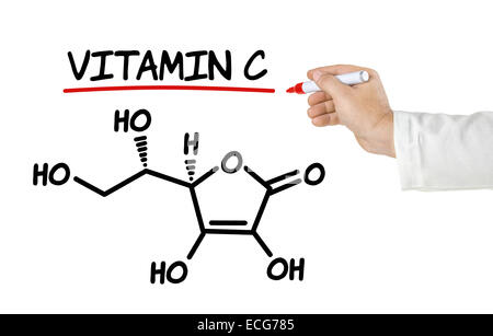 Chemische Formel von Vitamin C auf weißem Hintergrund Stockfoto