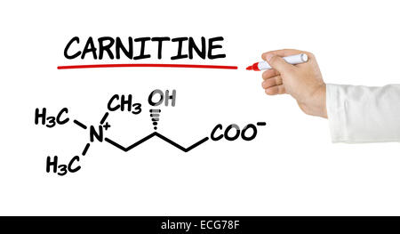 Chemische Formel von Carnitin auf weißem Hintergrund Stockfoto