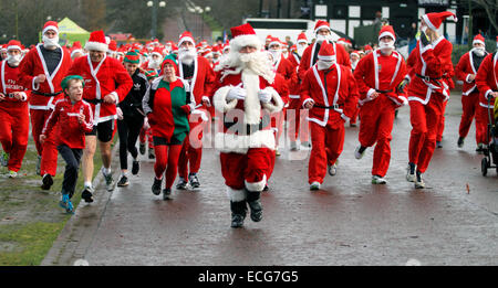 Nottingham, UK. 14. Dezember 2014. Sie sind deaktiviert. "Wish Upon a Star" – Nottingham Santa Run 14. Dezember 2014 Forest Recreation Ground Nottingham mehr als 350 Weihnachtsmänner und Elfen (u12s) lief eine 2,5 oder 5 km lange Strecke zur Unterstützung der bekannten Kinder Hilfsorganisation. Bildnachweis: Pete Jenkins/Alamy Live-Nachrichten Stockfoto