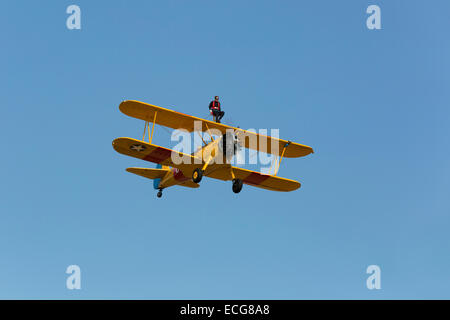 Boeing Stearman A75L 300 Kaydet G-CGPY im Flug über Breighton Flugplatz mit Flügel-Walker auf obere Tragfläche Stockfoto