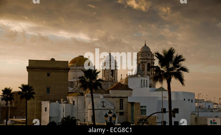 Paseo Campo del Sur und Cadiz Kathedrale La Catedral Vieja de Cadiz oder Iglesia de Santa Cruz in Cadiz genannt bei Sonnenuntergang. Andalusien Stockfoto