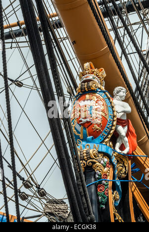 Galionsfigur der HMS Victory eine erste Rate Schiff der Linie von der Royal Navy, Hafen von Portsmouth, Hampshire, England, UK. Stockfoto