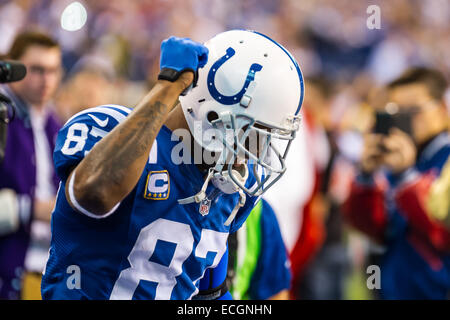 Indianapolis, Indiana, USA. 14. Dezember 2014. Indianapolis Colts Wide Receiver Reggie Wayne (87) begeistert das Publikum vor der NFL Spiel zwischen Houston Texans und Indianapolis Colts am 14. Dezember 2014. Houston Texans 10 - Indianapolis Colts 17. Bildnachweis: Cal Sport Media/Alamy Live-Nachrichten Stockfoto