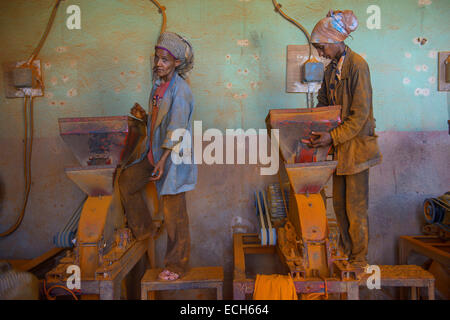 Frauen arbeiten in einer Berbere Paprika Gewürz Fabrik auf dem Medebar Markt, Asmara, Eritrea Stockfoto