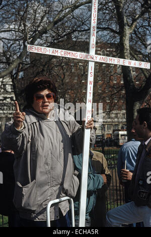 Lautsprecher Ecke Hyde Park christliche Predigt das zweite kommen von Jesus Stockfoto