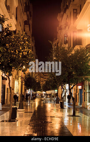 Nass und regnerisch Fußgängerzone in Valencia in der Nacht Stockfoto