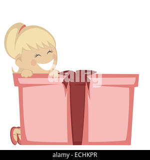 Große Kiste Überraschung - eine hübsche blonde Mädchen lächelnd mit einem großen Geschenk-Box. Stockfoto