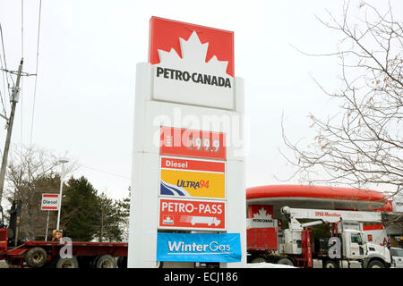 Toronto, Kanada. 15. Dezember 2014. Benzinpreis in der Greater Toronto Area fiel auf den niedrigsten Preis in 4 Jahren weniger als einen Dollar bei 99,9 Cent pro Liter.  Im Bild eine Petro-Canada-Tankstelle-Signage anzeigen Gaspreis bei 99,9 Cent in die Weston Road und Jane Street von Toronto. Bildnachweis: EXImages/Alamy Live-Nachrichten Stockfoto