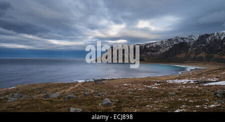 Zeigen Sie bis Unstad Strand, Leknes, Lofoten Inseln, Norwegen an Stockfoto