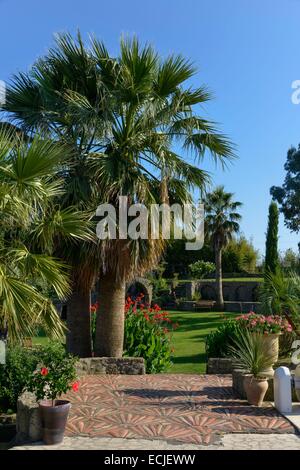 Frankreich, Herault, Servianischen, Saint Adrien Hotelgarten, klassifiziert als Jardin Remarquable (bemerkenswert Garten), angelegten Garten, eine Karriere aus, die im Mittelalter gegangen, gesäumt von Palme gegründet Stockfoto