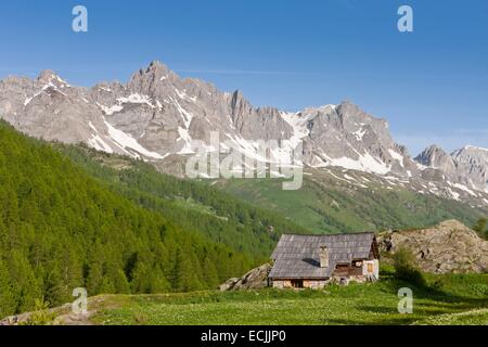 Frankreich, Hautes-Alpes, Nevache La Claree Tal, mit Blick auf die Pointe Cerces (3097m) Stockfoto