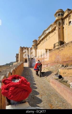 Indien, Rajasthan, Amber Fort, Elefanten und mahouts Stockfoto