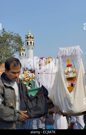 Indien, Uttar Pradesh, Lucknow, Imambara Puttan Sahib Kerbela, Ashura-fest, Schiiten Anhänger tragen Tazias, Repliken von Imam Hussain Grab Stockfoto