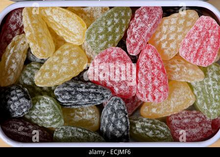 Frankreich, Vogesen, Plainfaing, Confiserie des Hautes Vosges, Schachtel mit Süßigkeiten natürliche Aromen, Resine-des-Vosges, beschriften Foret L Effet Vosges Stockfoto