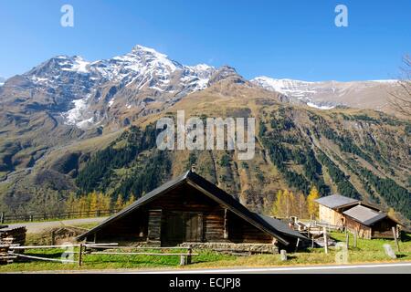 Österreich, Salzburger Land, Kärnten, Blick auf Großglockner-Hochalpenstraße (Großglockner Hochalpenstraße), Fusch, Fuschertal Tal und Hohe Tauern massiv, Panorama der hohen Tauern massiv, hier die gröberen Wiesbachhorn (3564 m) Stockfoto