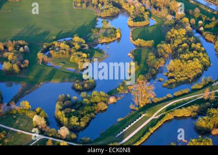 Frankreich, Doubs, Brognard, Naturschutzgebiet von Allan, Sicherung Deich kompensatorische künstliche Entwicklung im Hinblick auf die Umleitung des Flusses Allan 1988 (Luftbild) Stockfoto