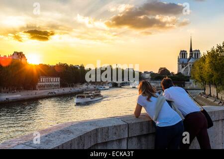 Frankreich, Paris, die Ufer des Flusses Seine als Weltkulturerbe von der UNESCO gelistet, die Kathedrale Notre Dame, Ile De La Cite, bei Sonnenuntergang, Blick von Tournelle Brücke Stockfoto