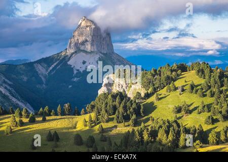 Frankreich, Isere, regionaler Naturpark Vercors, Mont Aiguille (Alt: 2086 m) aus dem Vercors-Hochland Stockfoto