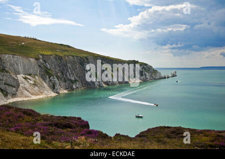 Horizontale Ansicht der Nadeln über Alaun-Bucht auf der Isle Of Wight. Stockfoto