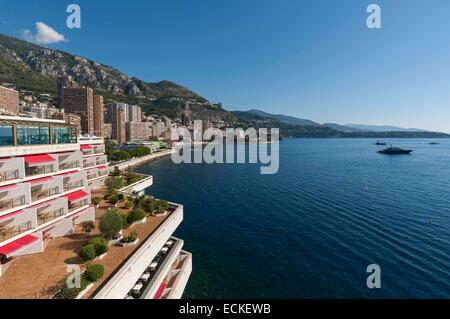 Fürstentum von Monaco, Monaco, Montecarlo, Blick auf Bucht Larvotto vom Fairmont hotel Stockfoto