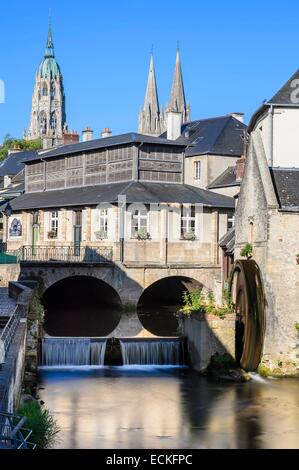 Frankreich, Calvados, Bayeux, Wassermühle am Fluss Aure im ehemaligen Gerben Bezirk und Kathedrale Notre-Dame (11. bis 15. Jahrhundert) Stockfoto