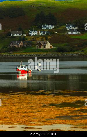 Großbritannien, Schottland, Isle Of Skye, Uig, Marine landschaftlich schön, Gruppe von Fischerhäusern am Fuße eines Hügels in einer Bucht im Herbst Stockfoto