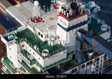 Frankreich, Seine Maritime, Le Mesnil Sous Jumieges, Containerschiff Cma Cgm Fort Saint Georges auf der Seine (Luftbild) Stockfoto