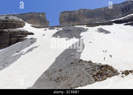 Frankreich, Hautes-Pyrenäen, Gavarnie, aufgeführt als Weltkulturerbe der UNESCO, Touristen auf dem Gletscher des Breche de Roland Stockfoto