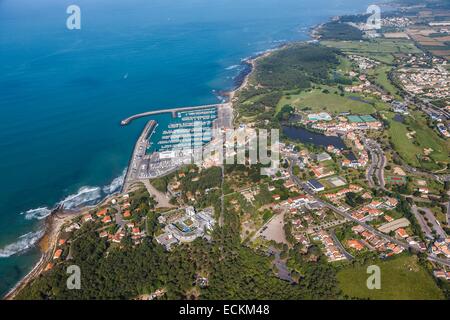 Frankreich, Vendee, Talmont Saint Hilaire, Port-Bourgenay, das Dorf und die Marina (Luftbild) Stockfoto