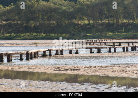 einspurige Log Brücke über einen flachen Fluss in Museom Dorf, Yeongju, Korea. Stockfoto