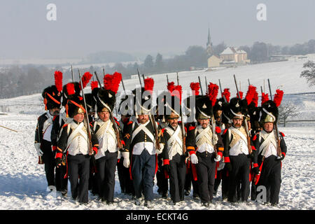 Austerlitz Schlachtfeld Französische Truppen Napoleonischen Reenactment der Schlacht von Austerlitz 1805 Schneefeld während des 200. Jahrestages der Kampf Stockfoto