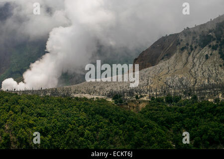 Der Krater und teilweise Toten Wald von Mount Papandayan aus Distanz betrachtet. Stockfoto