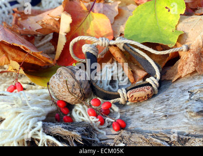 Ethnische handgemachte Leder-Armband auf Herbst-Stil Hintergrund Stockfoto