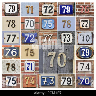 Collage von Hausnummern 70er Jahre Stockfoto