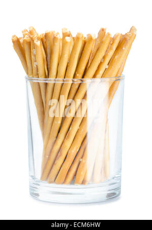 Brot-Sticks in einem Glas auf weißem Hintergrund Stockfoto